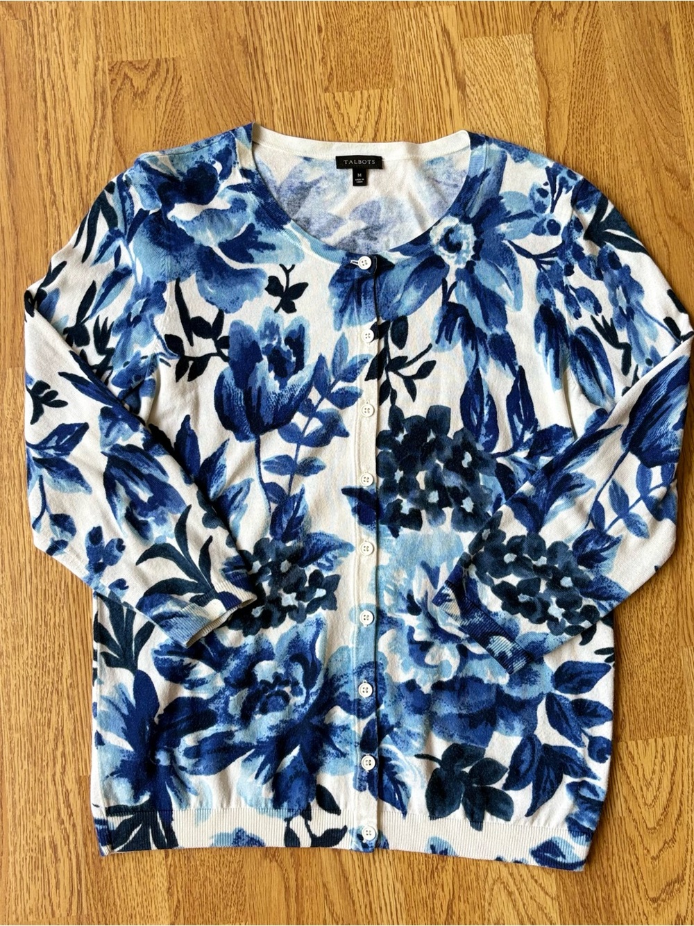 Talbots White Blue Floral Button-Up Lightweight Cardigan Cottagecore Classic M